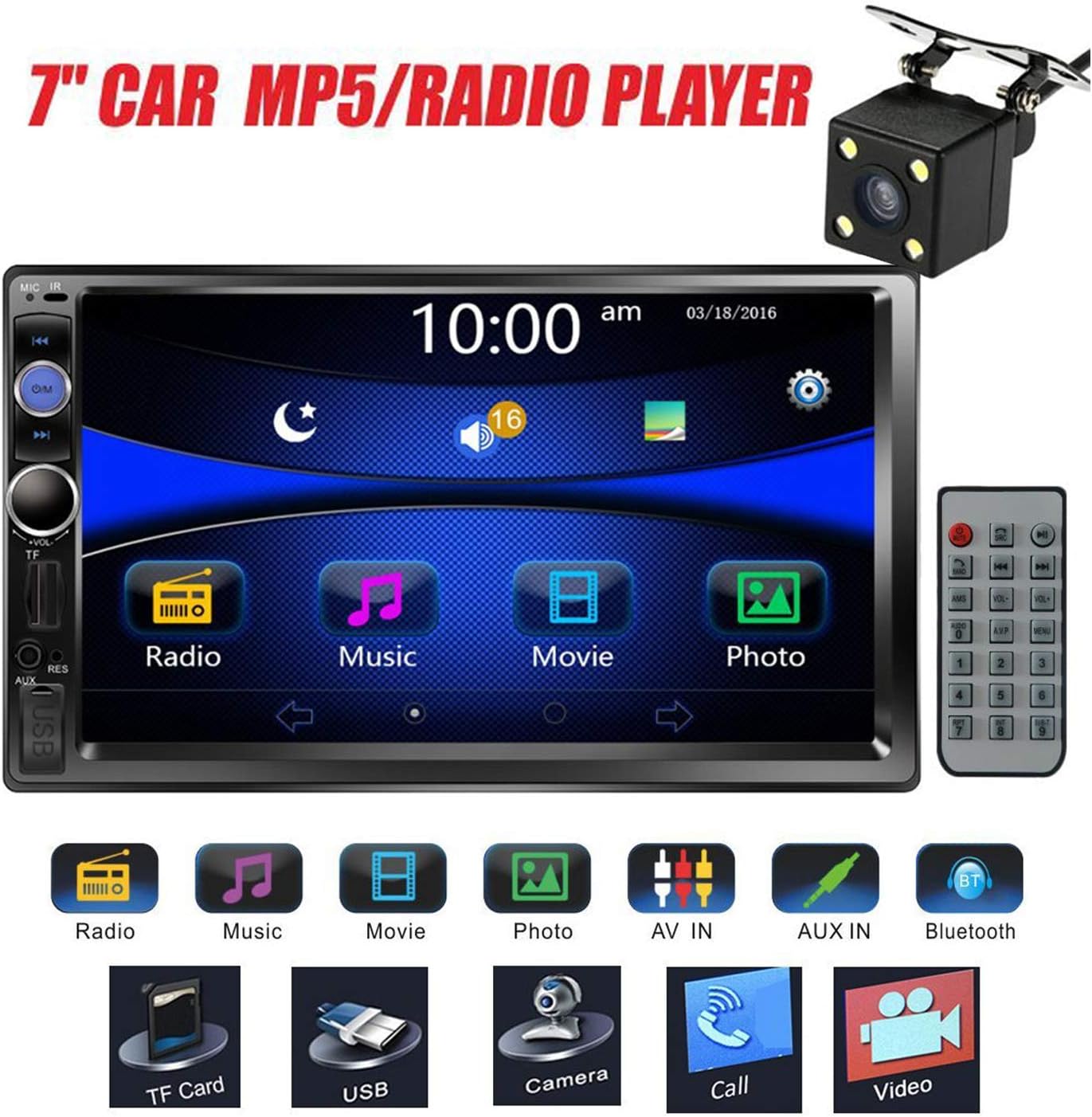 Double Din 7 Touchscreen Car Stereo with Bluetooth FM AM Radio MP3 USB AUX Rear View Camera E344553