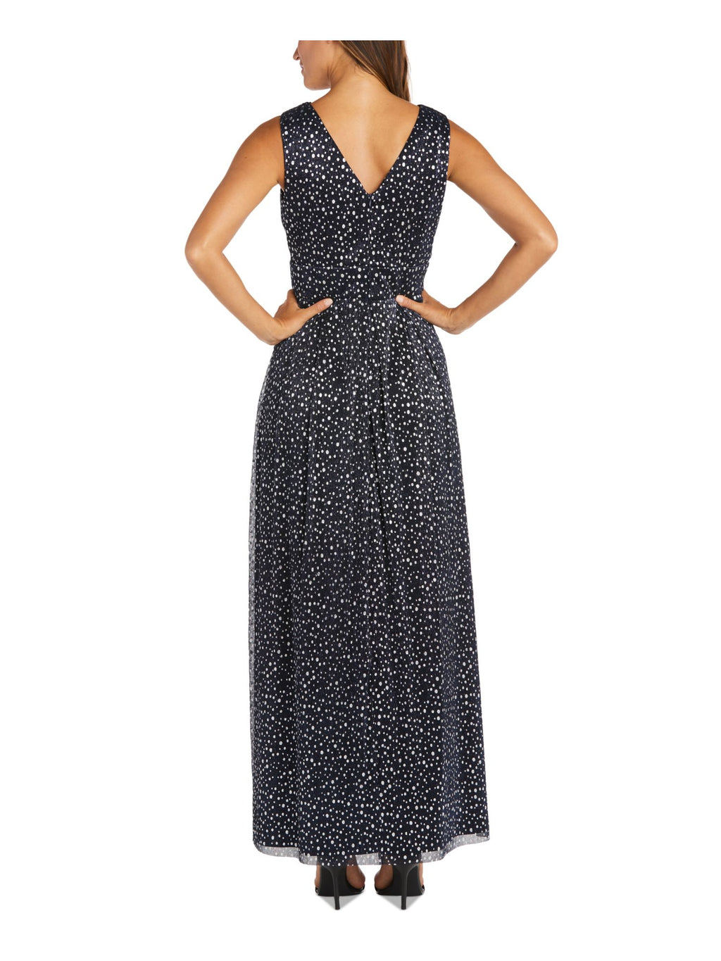 Navy Embellished Sheer Pleated Polka Dot Sleeveless V Neck Full-Length Evening Gown Dress Plus 18W Q746527