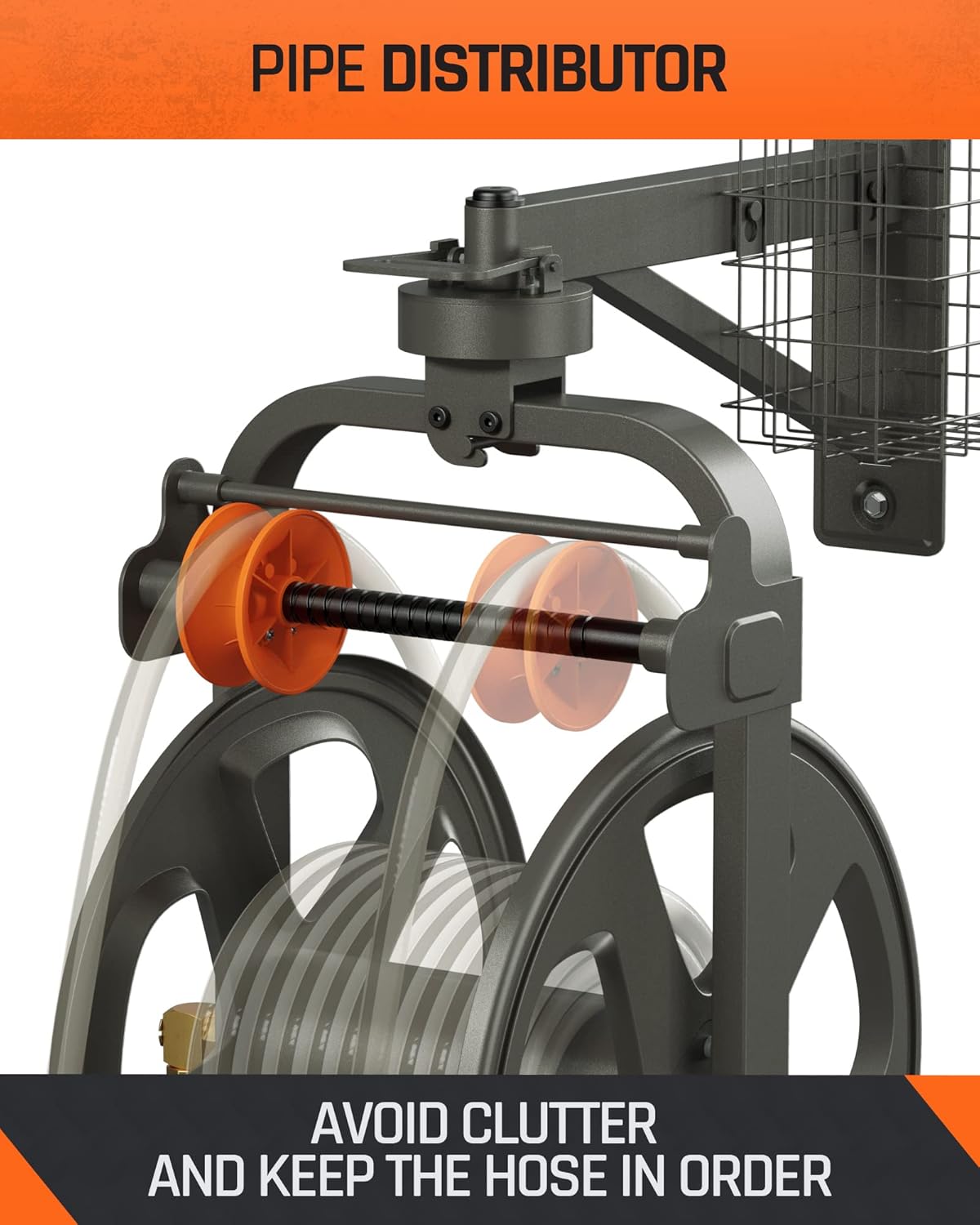 Wall Mounted Metal Hose Reel with Detachable Basket E560384