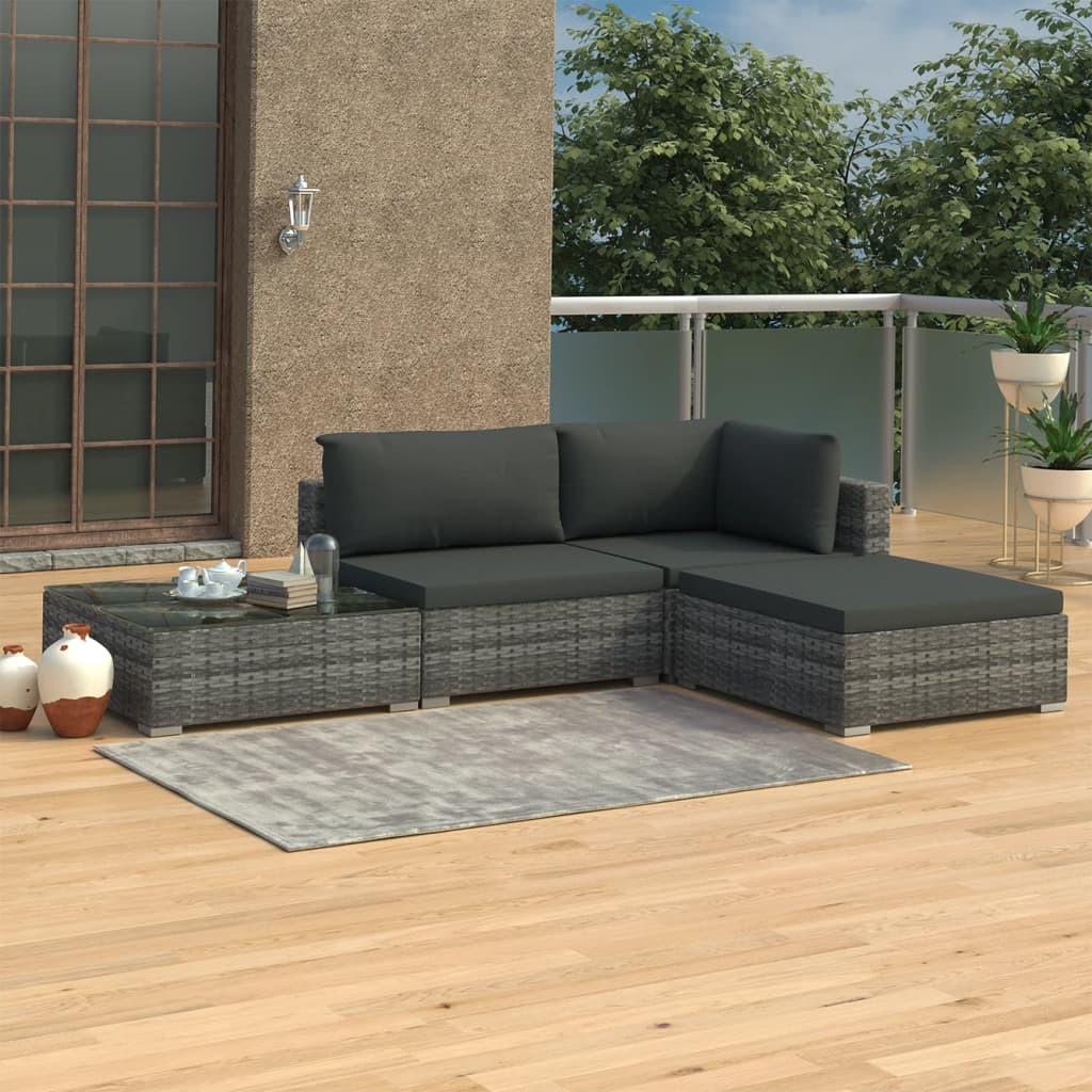 4 Piece Gray Poly Rattan Outdoor Sectional Sofa Set with Cushions and Coffee Table N320