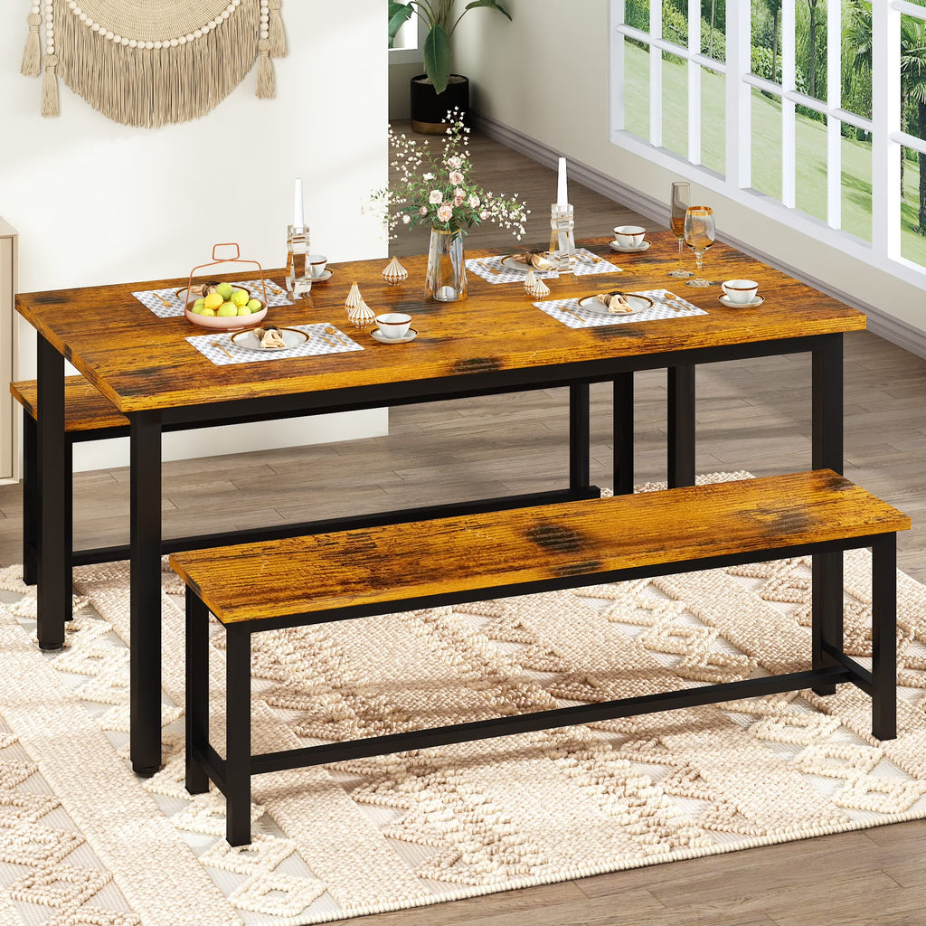 Rustic Brown 4 Person Kitchen Table Set with 2 Benches X696