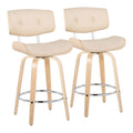 26" Mid-Century Modern Counter Stool with Swivel in Natural Wood and Cream Faux Leather with Round Chrome Metal Footrest - Set of 2 G7583