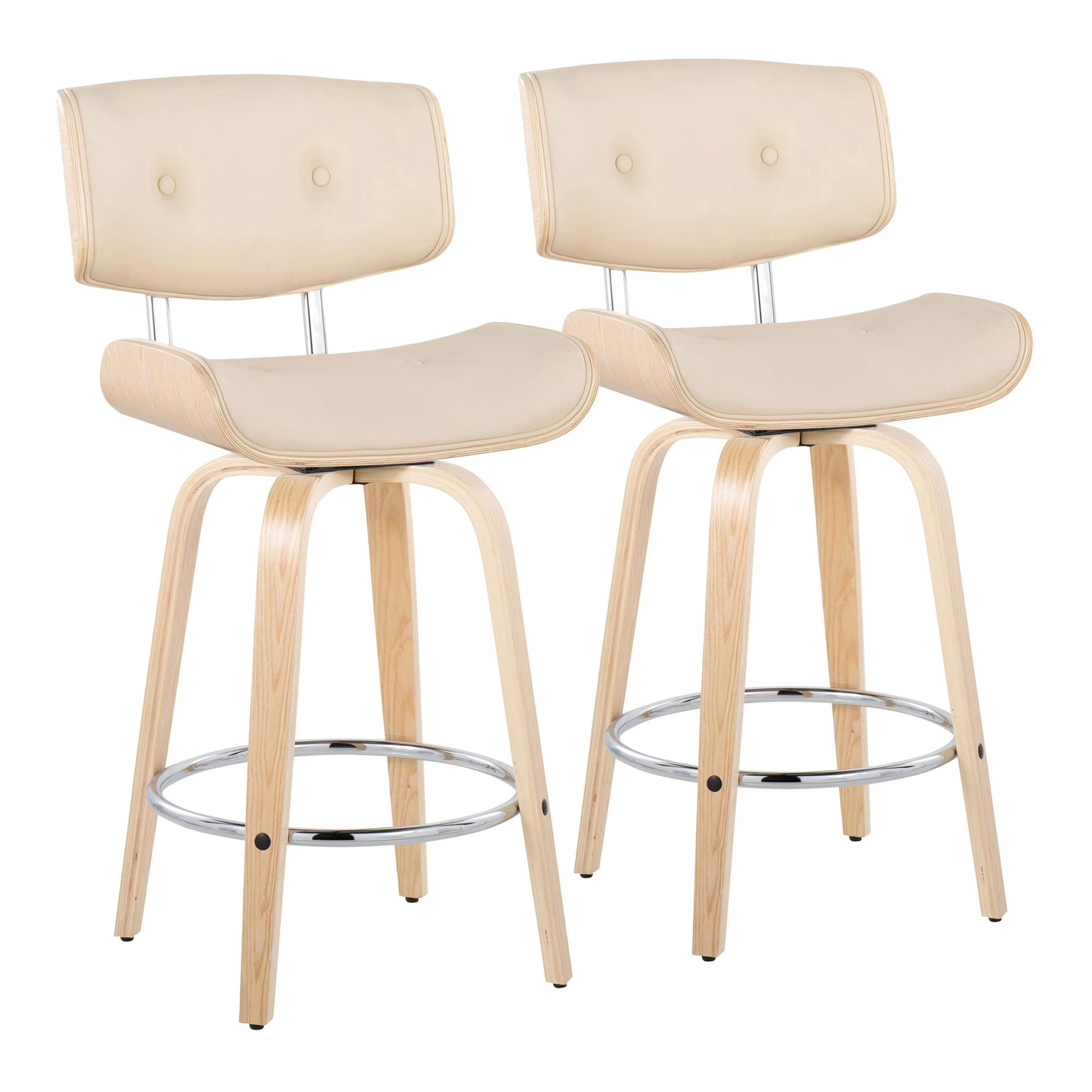 26" Mid-Century Modern Counter Stool with Swivel in Natural Wood and Cream Faux Leather with Round Chrome Metal Footrest - Set of 2 G7583