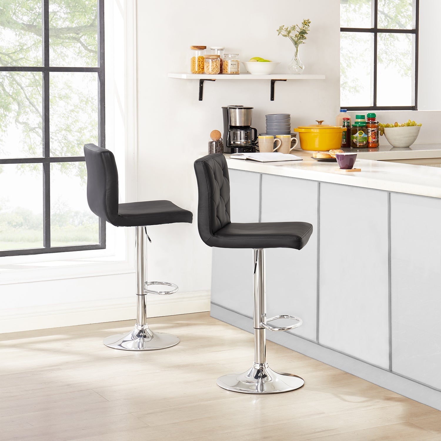 Set of 2 PU Leather Adjustable Swivel Bar Stools with Back, Black Y68210
