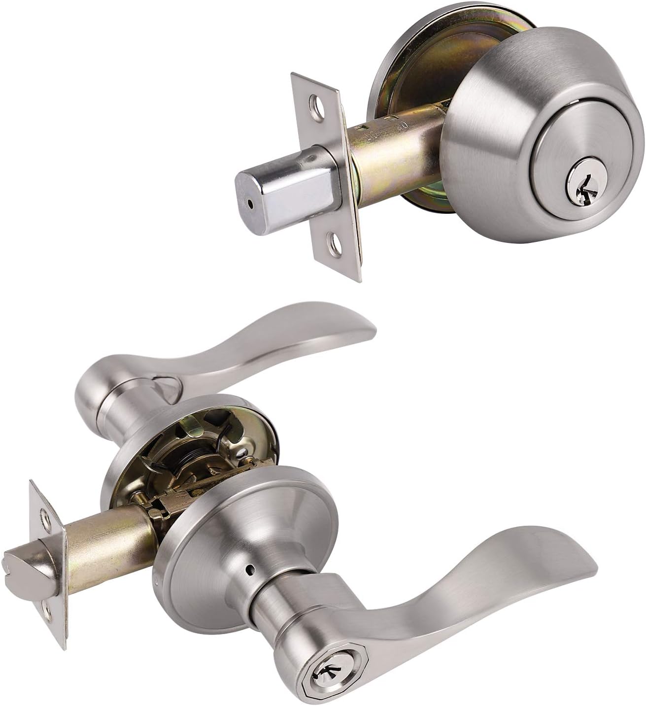 Entry Door Handle Set with Double Cylinder Deadbolt in Satin Nickel Finish X228