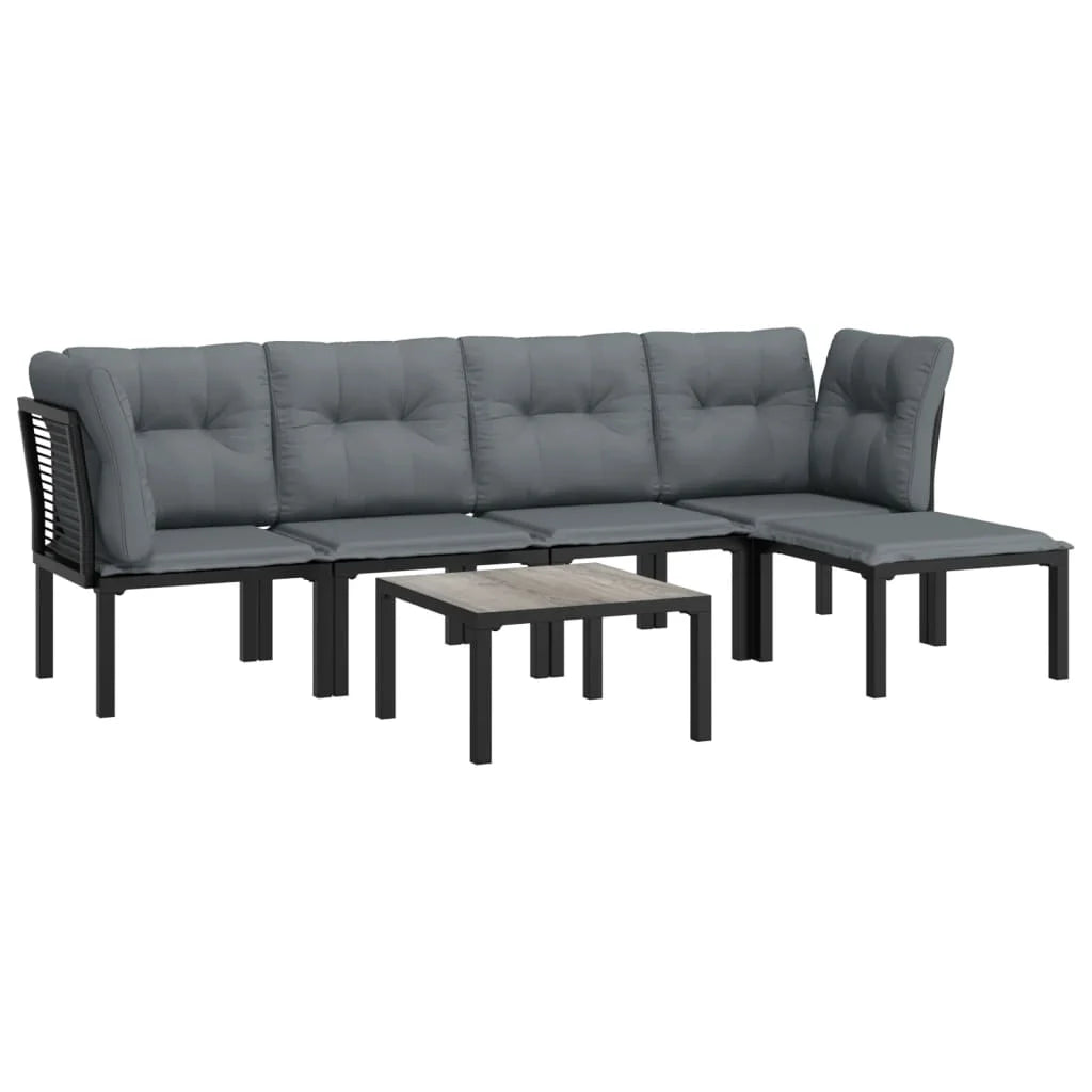 6 Piece Outdoor Patio Furniture Set, Sectional Sofa with Dark Gray Cushions, Black Poly Rattan V1014