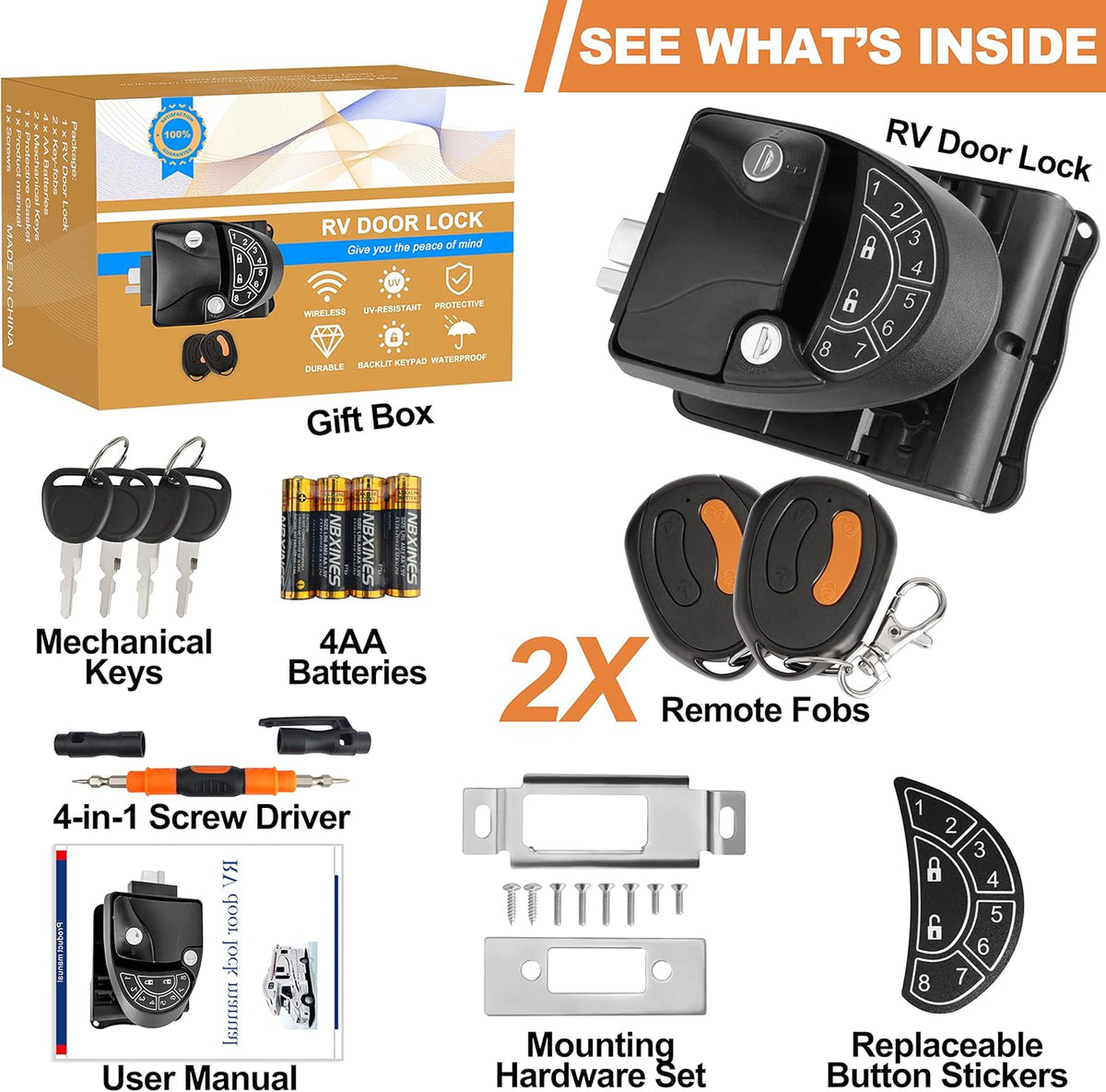Black Zinc Alloy RV Door Lock with Keypad and Remote Fobs Y996