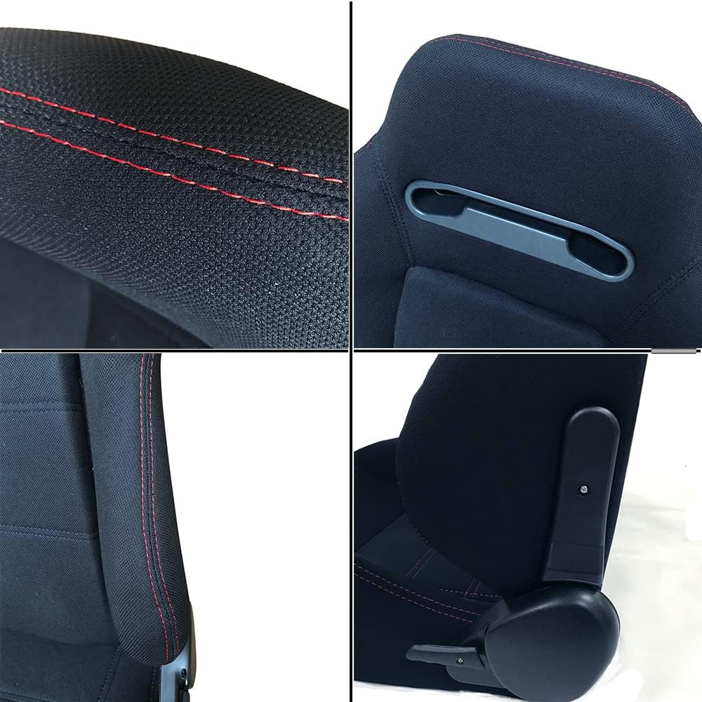 Racing Bucket Seats with Sliders Rails Red Stitch Black Cloth Set of 2 M735937