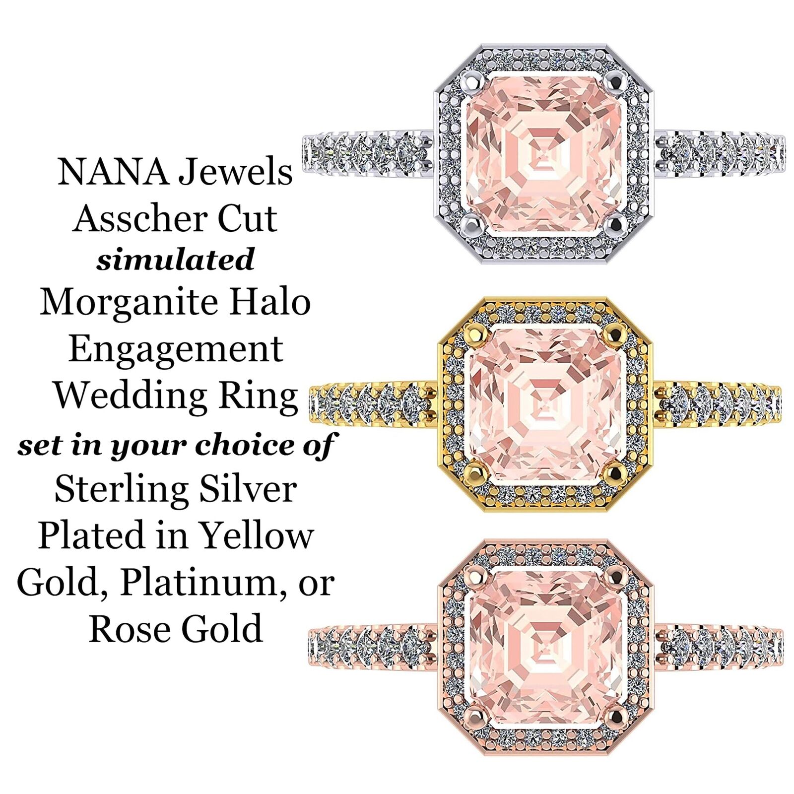 Asscher Cut Simulated Morganite Halo Engagement Ring 2ct Zirconia Sterling Silver Size 4 B368