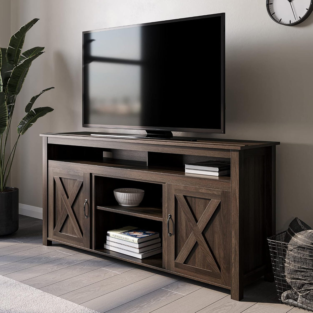 Modern Barn Door Wood Electric Fireplace TV Stand with Two Open Shelves and Cabinets V17015