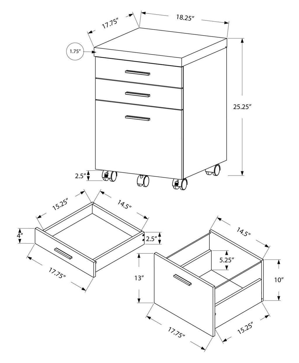 Grey Particle Board and MDF Filing Cabinet with 3 Drawers U4830