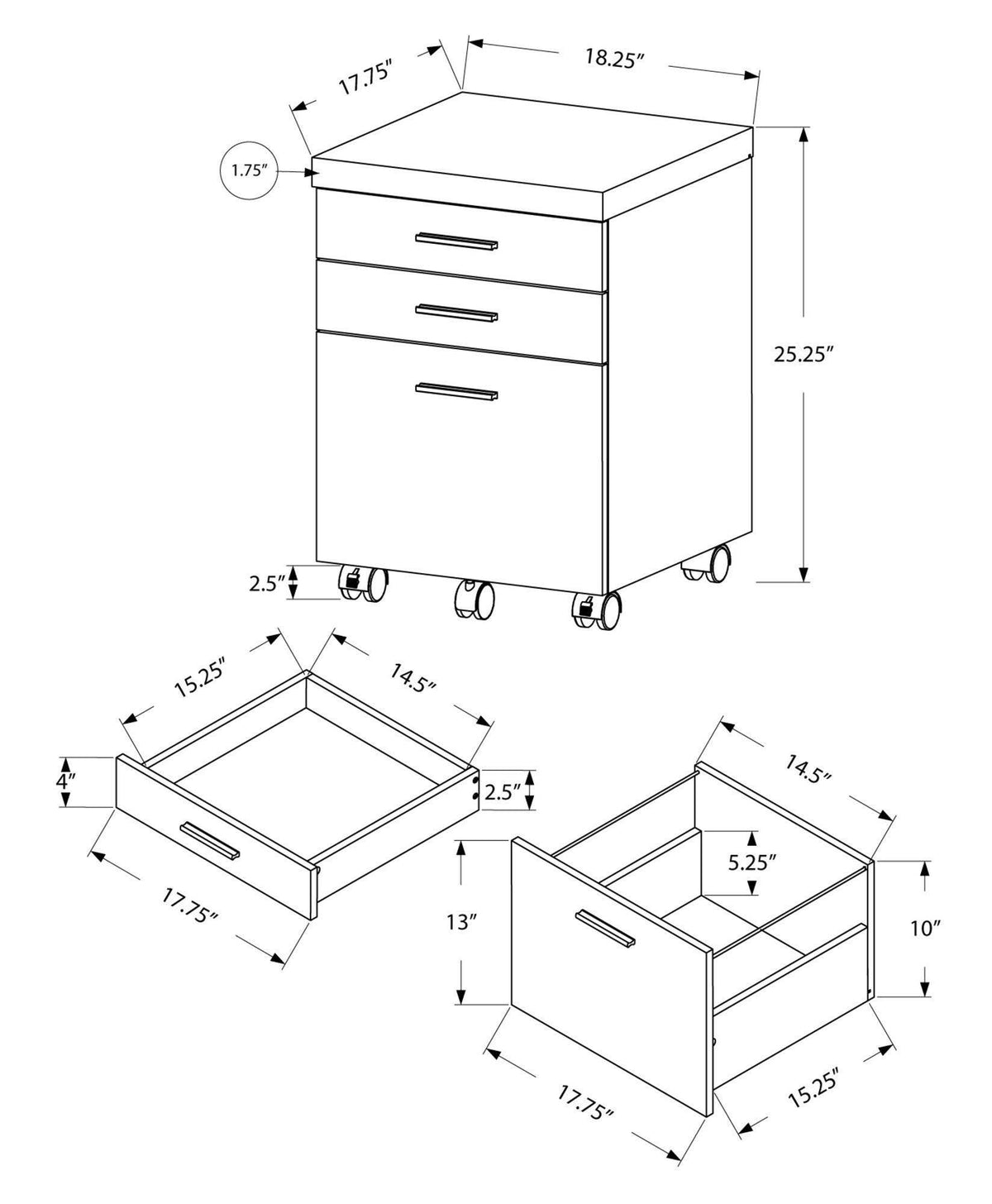 Grey Particle Board and MDF Filing Cabinet with 3 Drawers U4830