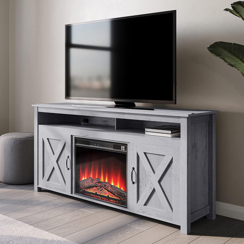 Modern Barn Door Wood Electric Fireplace TV Stand with Two Open Shelves and Cabinets V17015