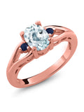 18K Rose Gold Plated Silver Sky Blue Aquamarine Blue Sapphire 3 Stone Engagement Ring Oval 8X6MM Round 2MM Size 7 Z482