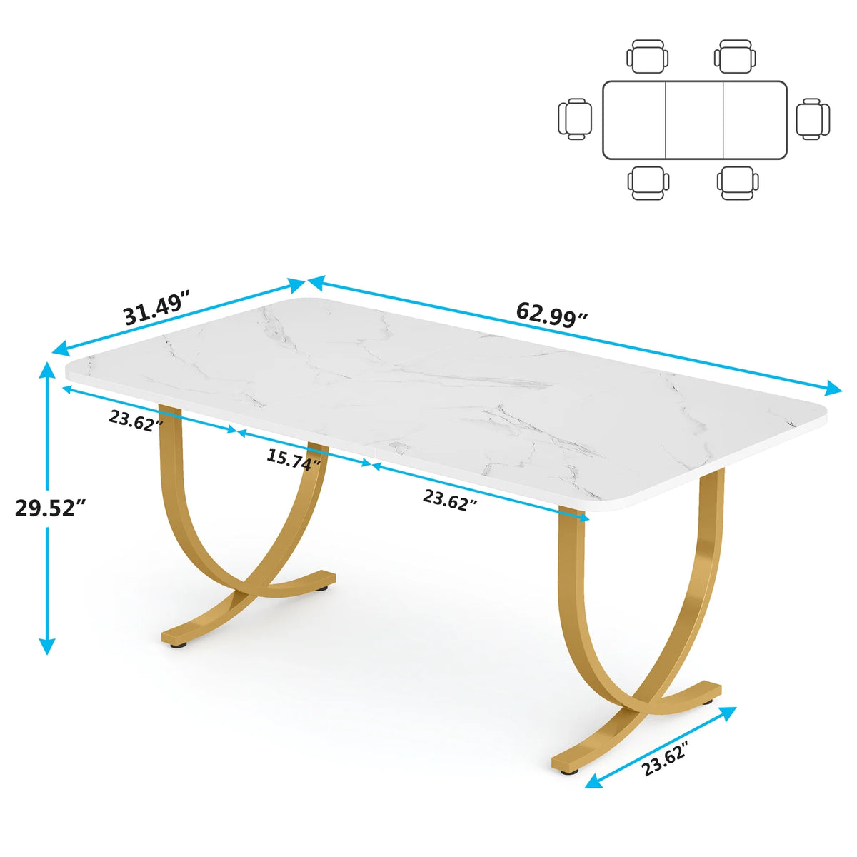 63 Inch Rectangular Faux Marble Dining Table with Metal Legs D34627