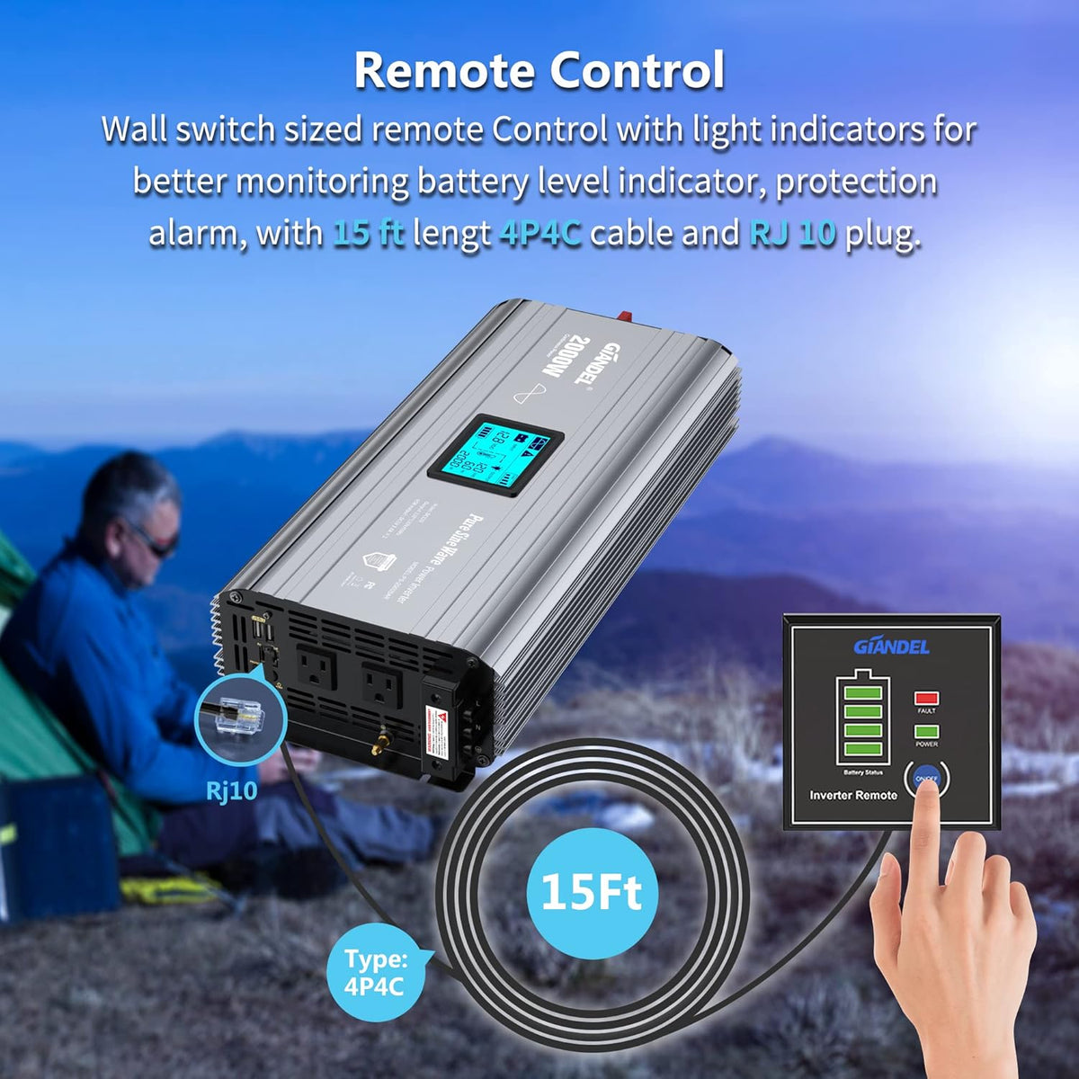 2000W Pure Sine Wave Power Inverter DC 12V to AC 120V with LCD Display Remote Controller Dual 2.4A USB Ports V7886