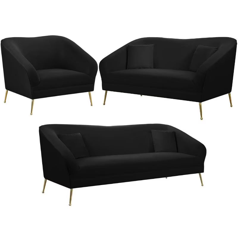 3-Piece Velvet Chair Loveseat & Sofa Set in Black O97664