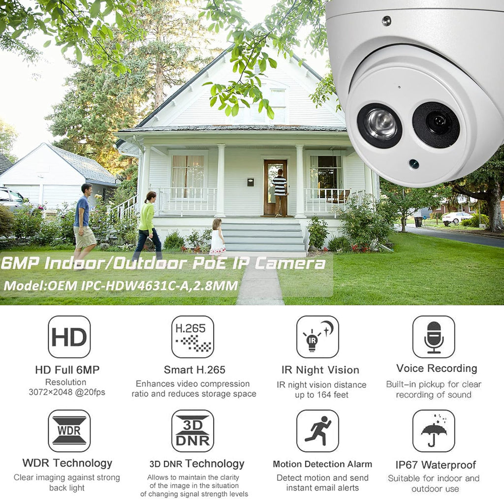 6MP PoE Outdoor Dome IP Camera with 2.8mm Lens, Built-in Mic, 164ft Night Vision, IP67 Waterproof J3664
