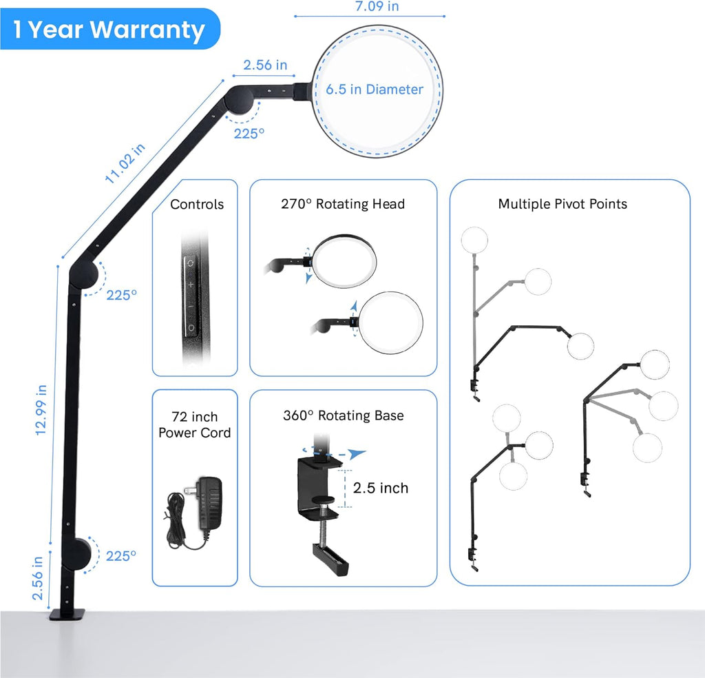 LED Desk Light with Clamp, Adjustable Brightness, Color Temperature Q2687