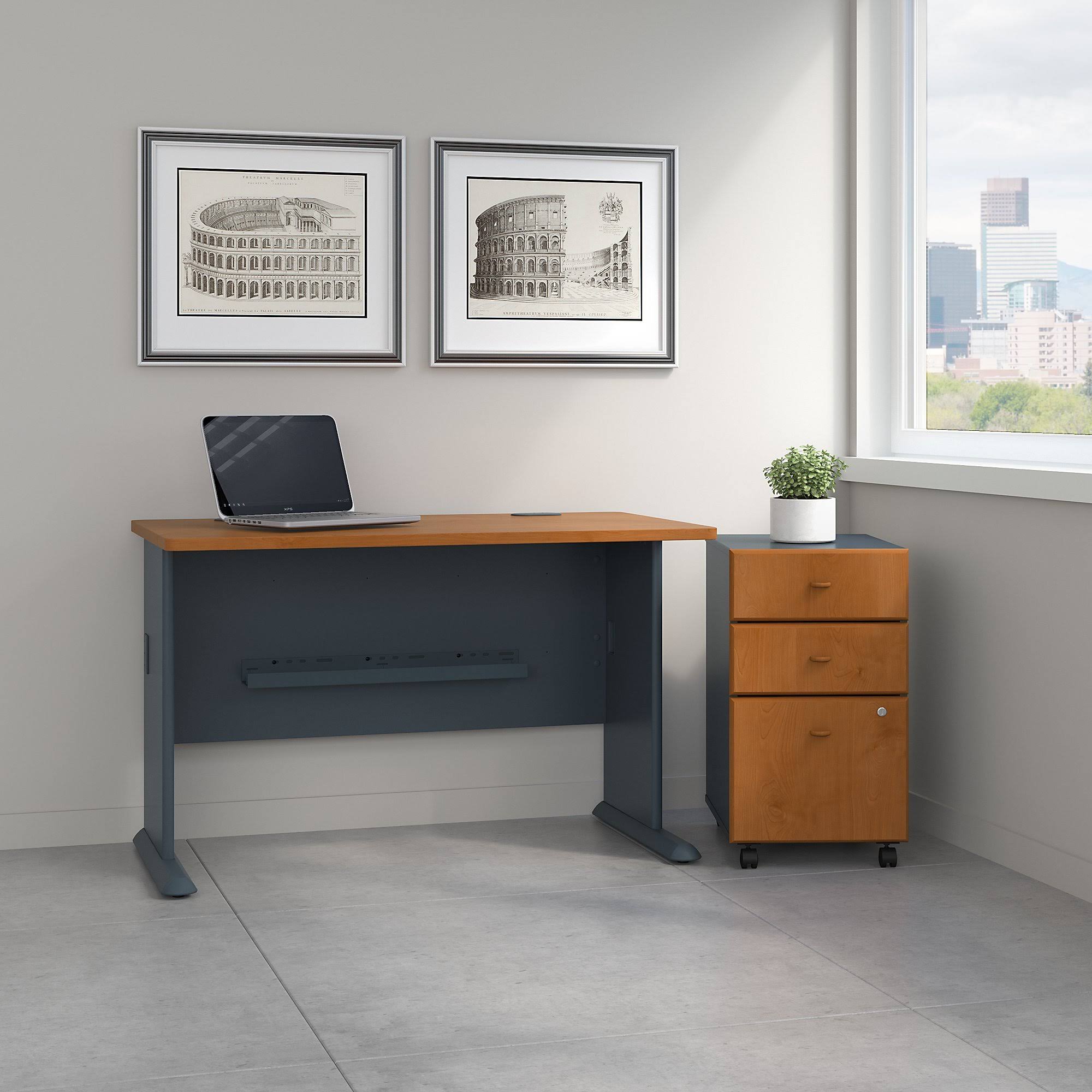48W Desk with Mobile File Cabinet Natural Cherry Slate X978