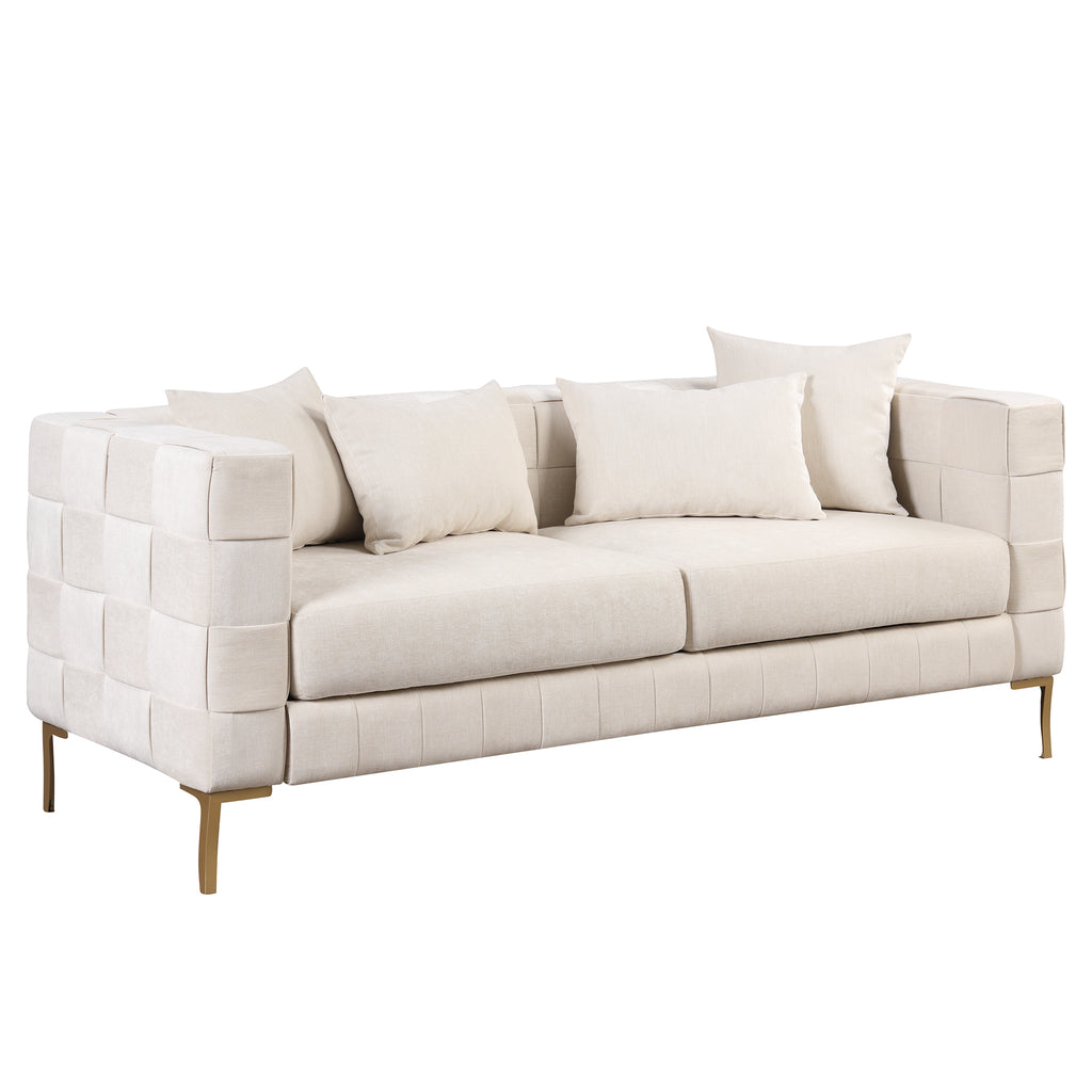 Beige Upholstered Sofa with 4 Pillows and Golden Metal Legs U1715