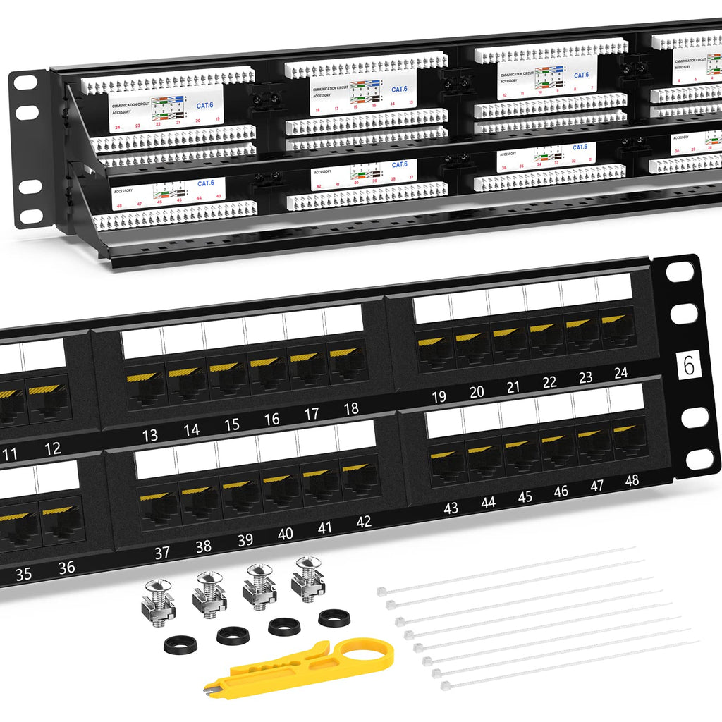 CAT6 24 Ports Patch Panel, Rack Mount, 1U, 19 inch, RJ45 Ethernet, 15u Gold Plated, Pack of 2 B7501