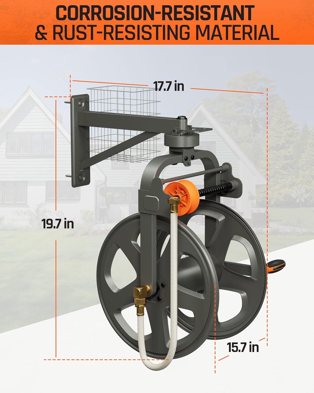 Wall Mounted Metal Hose Reel with Detachable Basket E560384