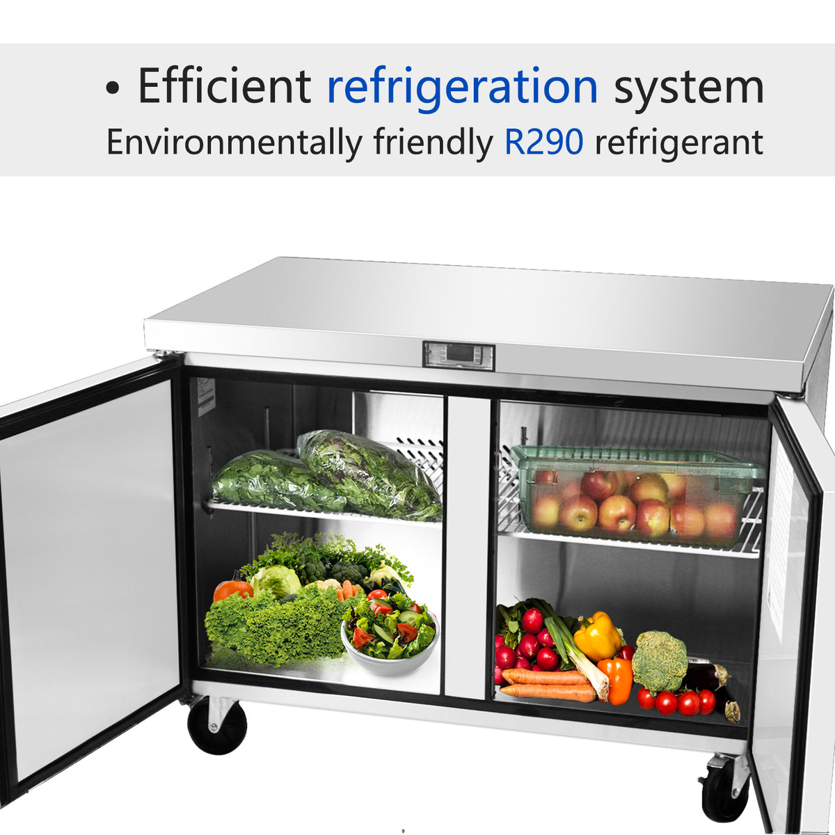Commercial 2 Door Undercounter Refrigerators, 17 Cu. Ft Side by Side Stainless Steel Worktop Fridge H43851