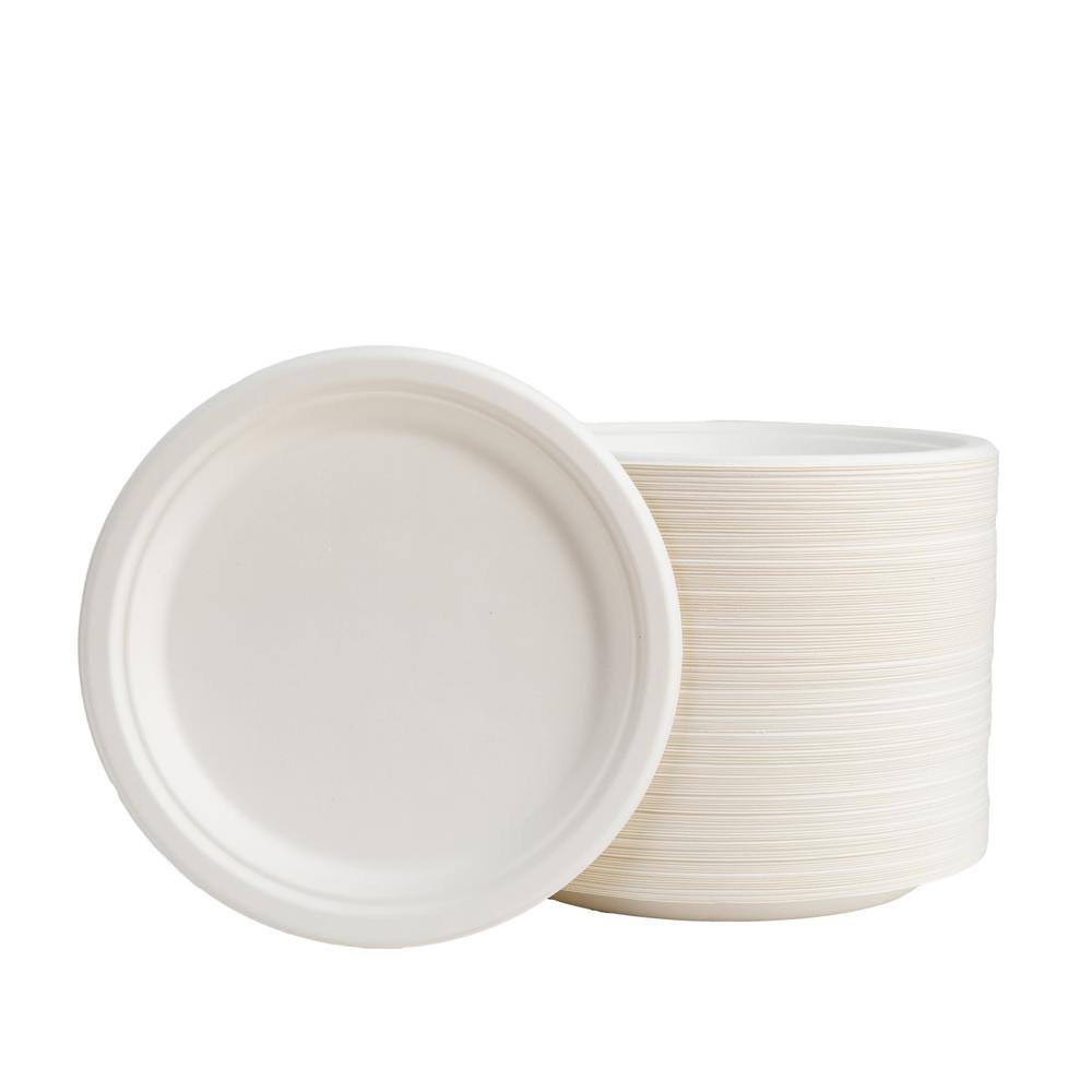 300 Pack White Compostable Sugarcane Plates G2311