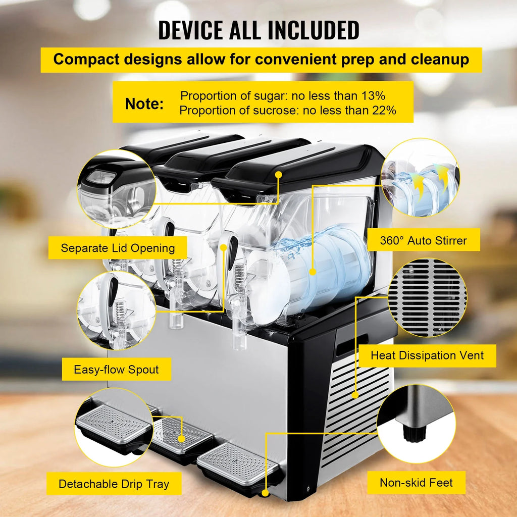 110V Commercial Slushy Machine 10L x 3 Tank Frozen Drink Machine 1250W Stainless Steel L513