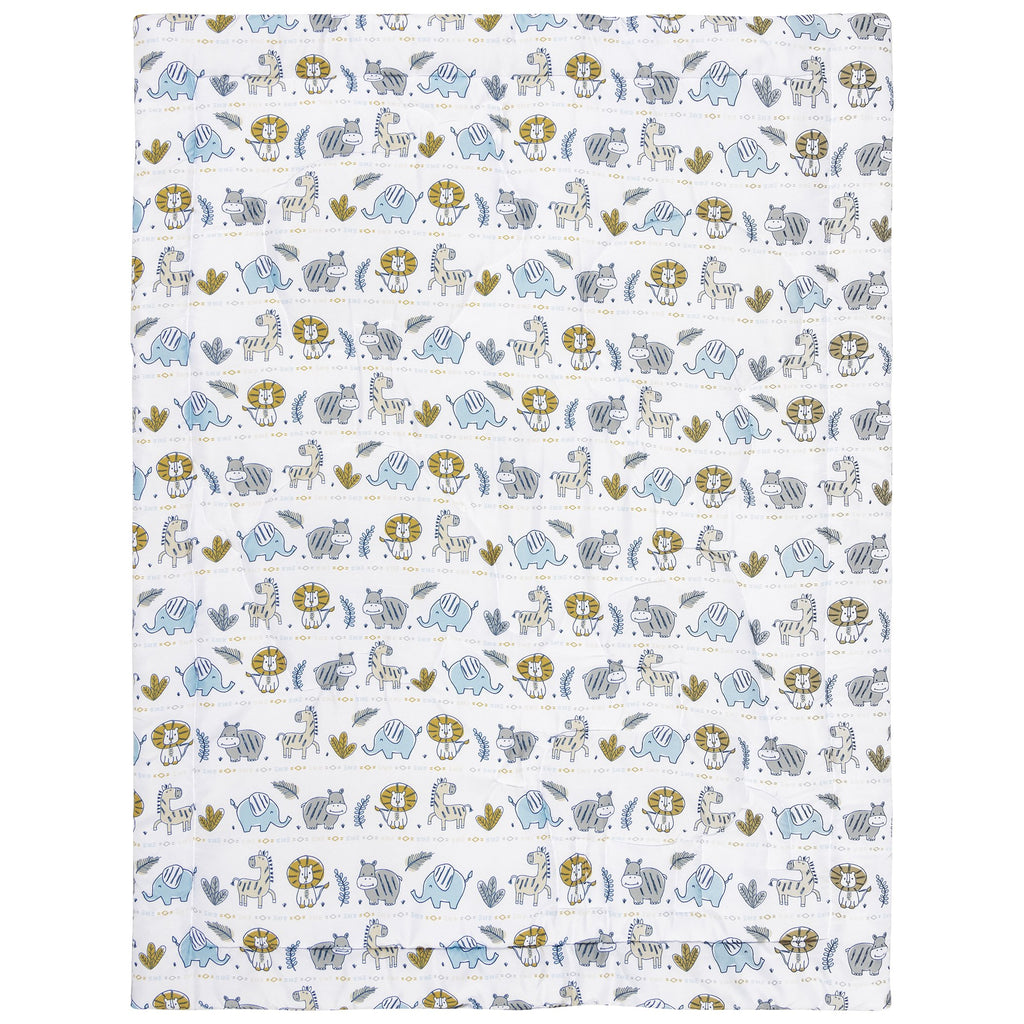 4 Piece Crib Bedding Set, White, Tan, Orange, Blue, Navy and Gray, 100% Microfiber, Polyester Fill, Quilt, Fitted Crib Sheet, Skirt and Plush Toy T963