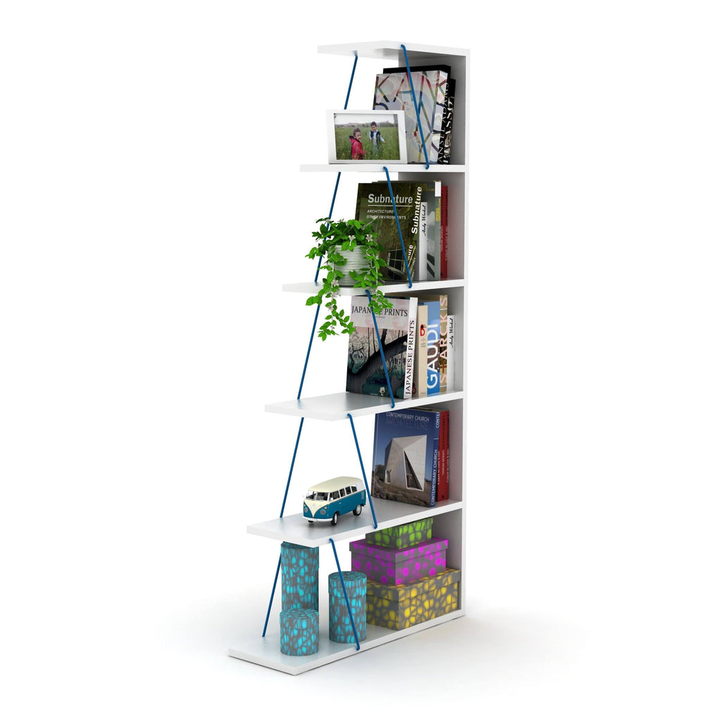 Chrome-White 5-Shelf Angled Bookcase F906