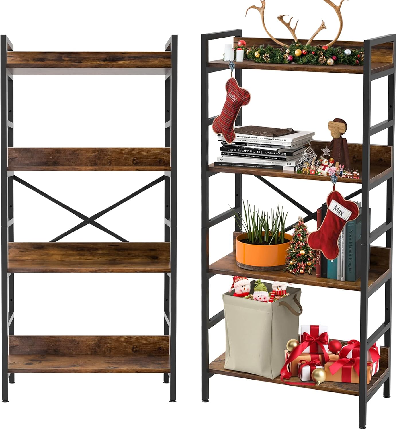 Industrial Bookshelf, 4 Tier Tall Bookcase, Metal Frame, Rustic Brown X14947