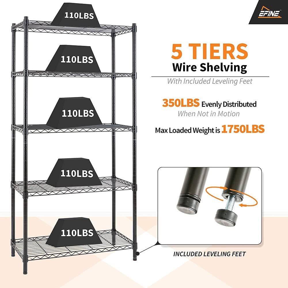 5-Shelf Adjustable Heavy Duty Carbon Steel Wire Shelving Unit Black R447