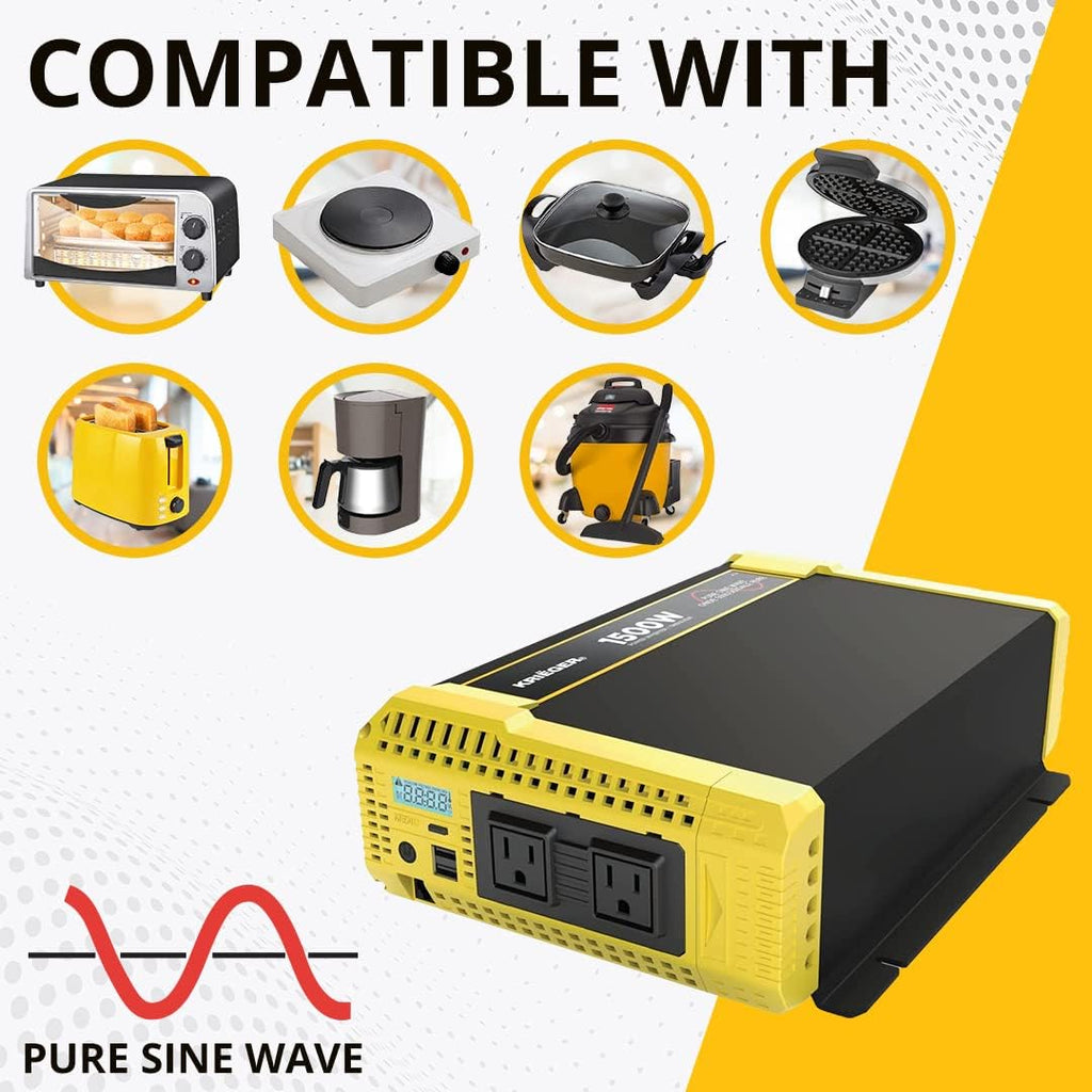 1500 Watt 12V Pure Sine Inverter Dual AC Outlets & USB O7440