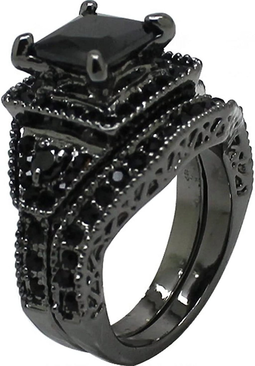 Black Onyx Princess Cut Bridal Ring Set Q18436