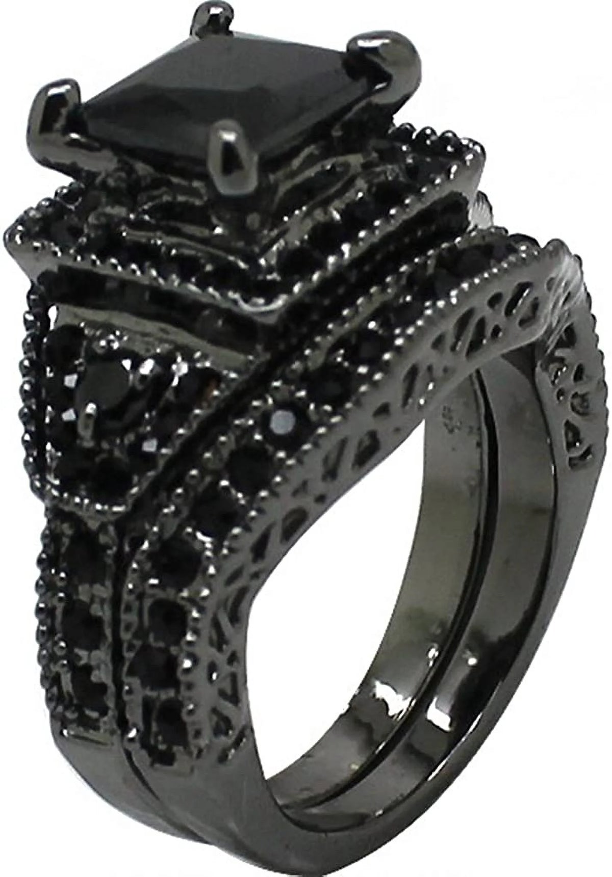 Black Onyx Princess Cut Bridal Ring Set Q18436