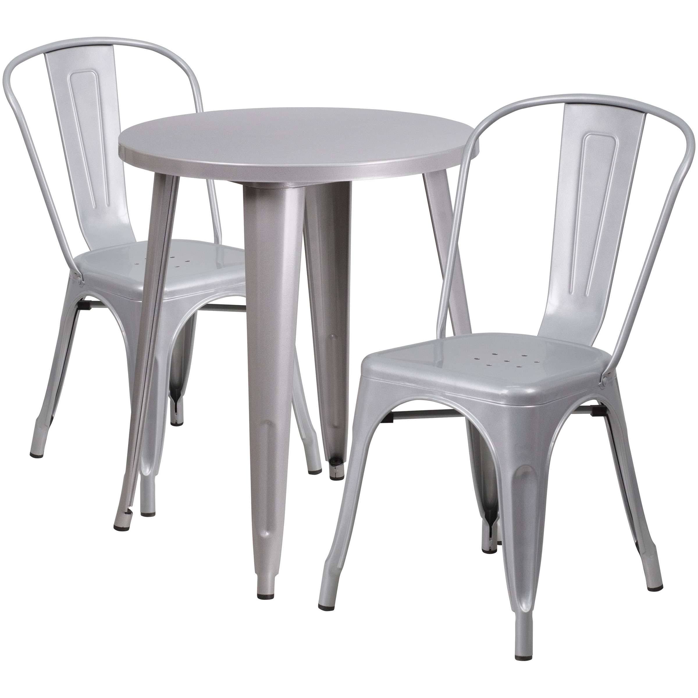 Silver Round Metal Table Set with 2 Cafe Chairs F514