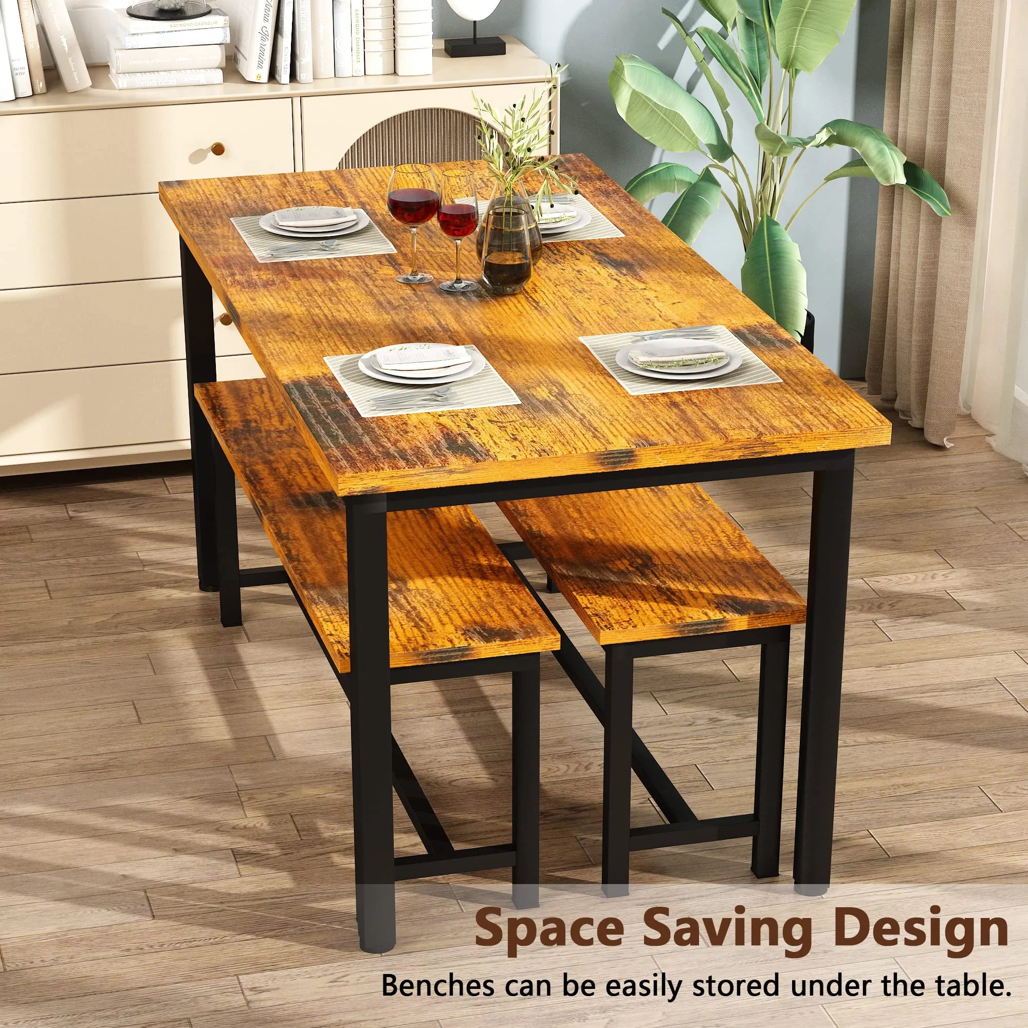 Rustic Brown 4 Person Kitchen Table Set with 2 Benches X696