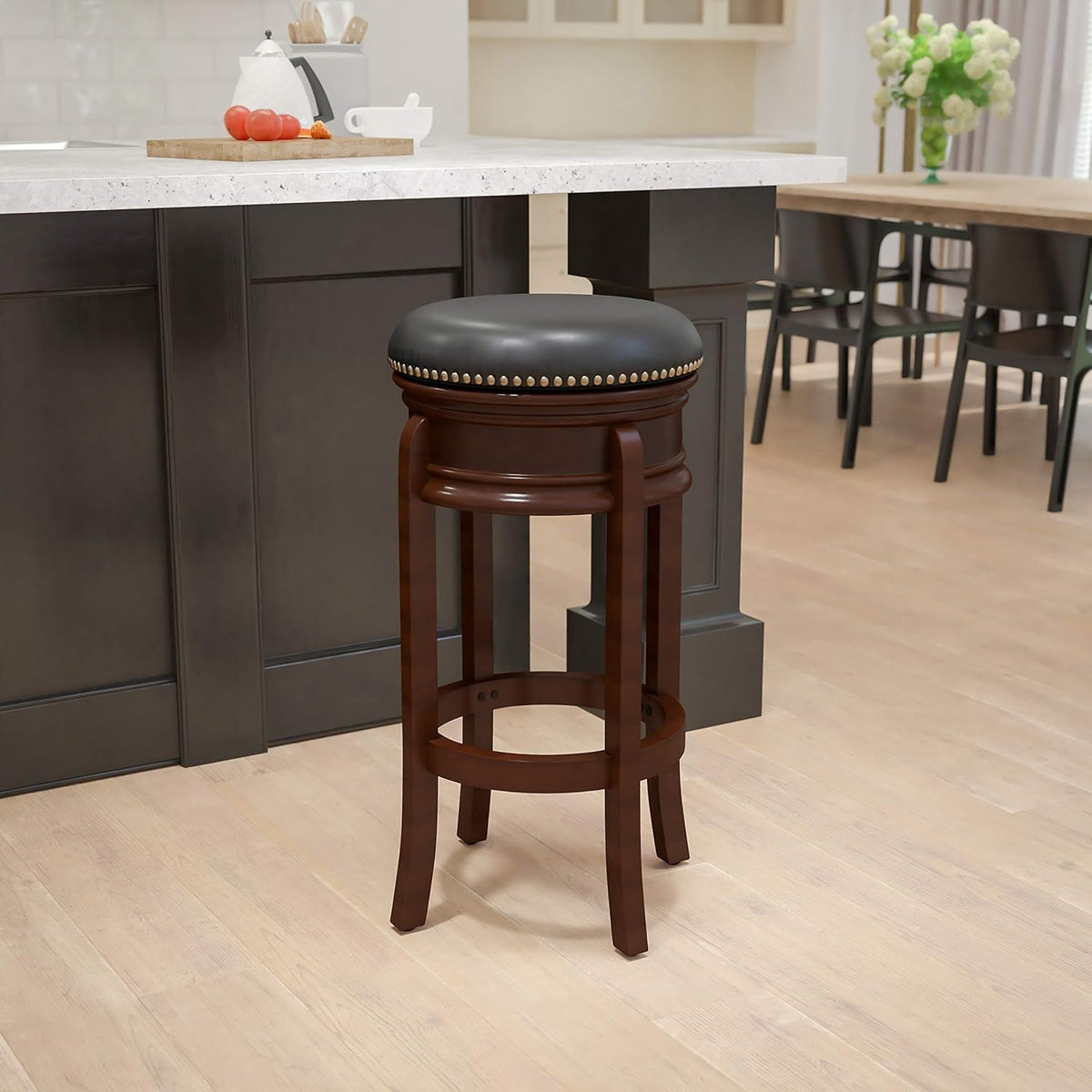 Light Cherry Wood Barstool with Black LeatherSoft Swivel Seat T6711