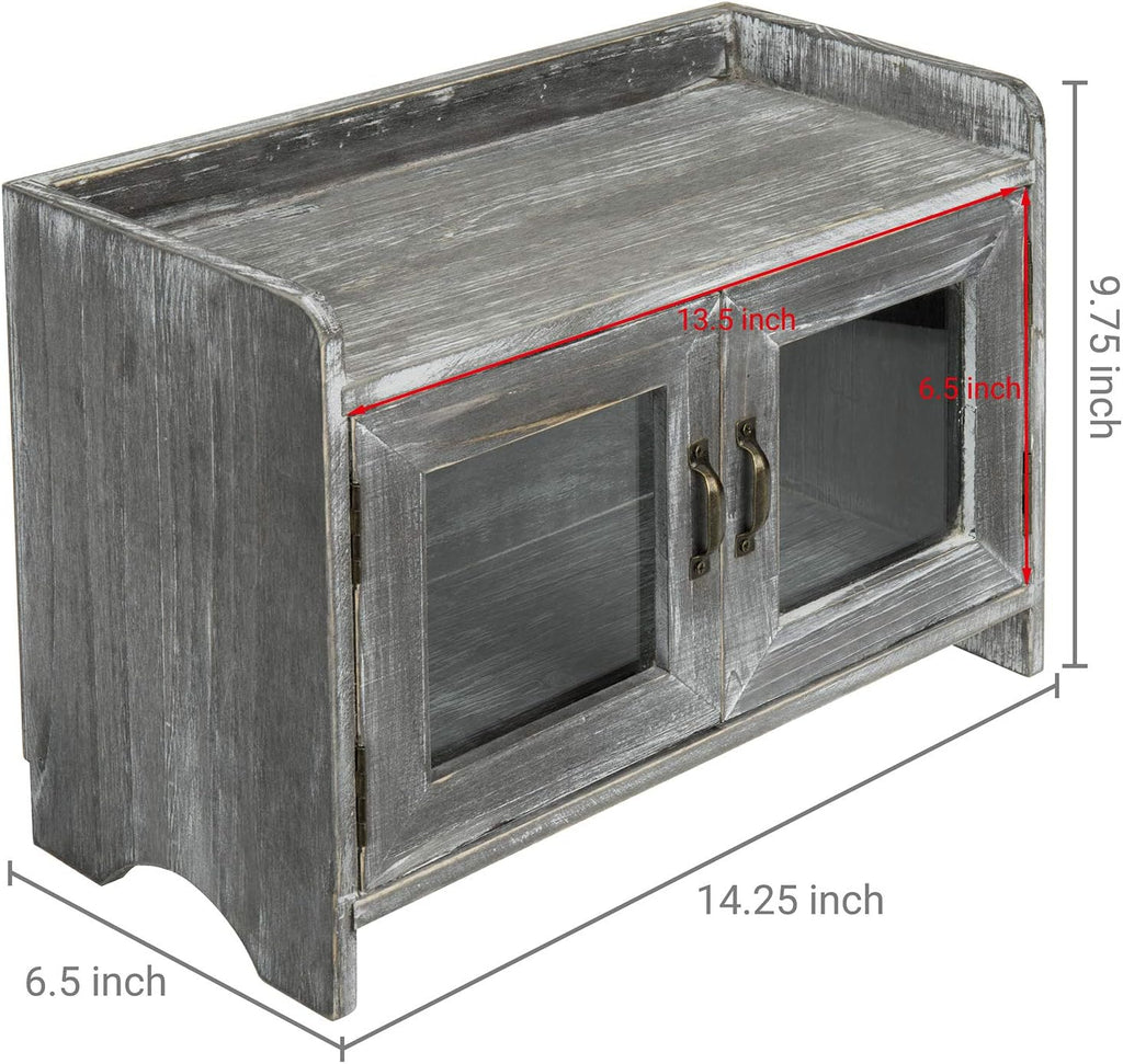 Rustic Gray Whitewashed Wood Counter Top Storage Cabinet with Glass Windows W99990