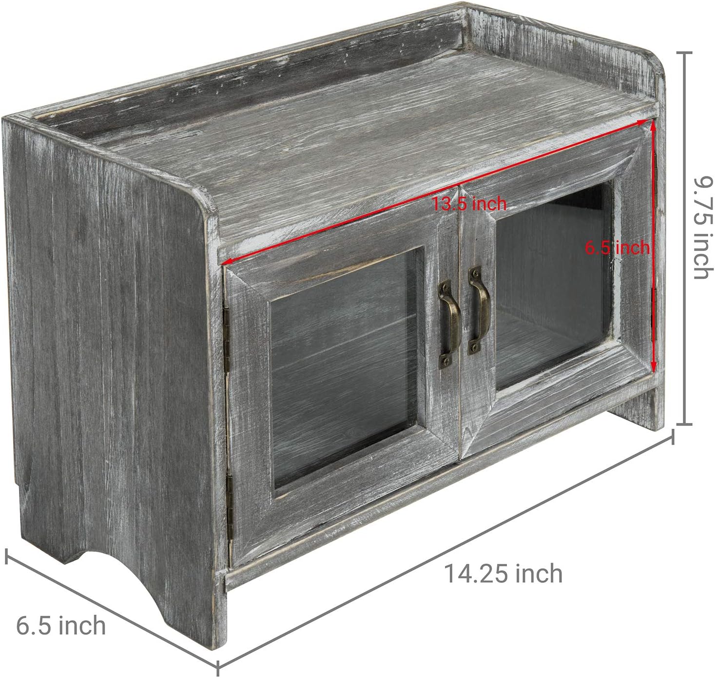 Rustic Gray Whitewashed Wood Counter Top Storage Cabinet with Glass Windows W99990