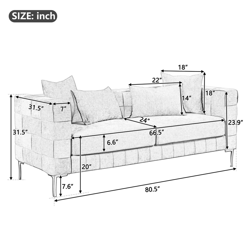 Beige Upholstered Sofa with 4 Pillows and Golden Metal Legs U1715