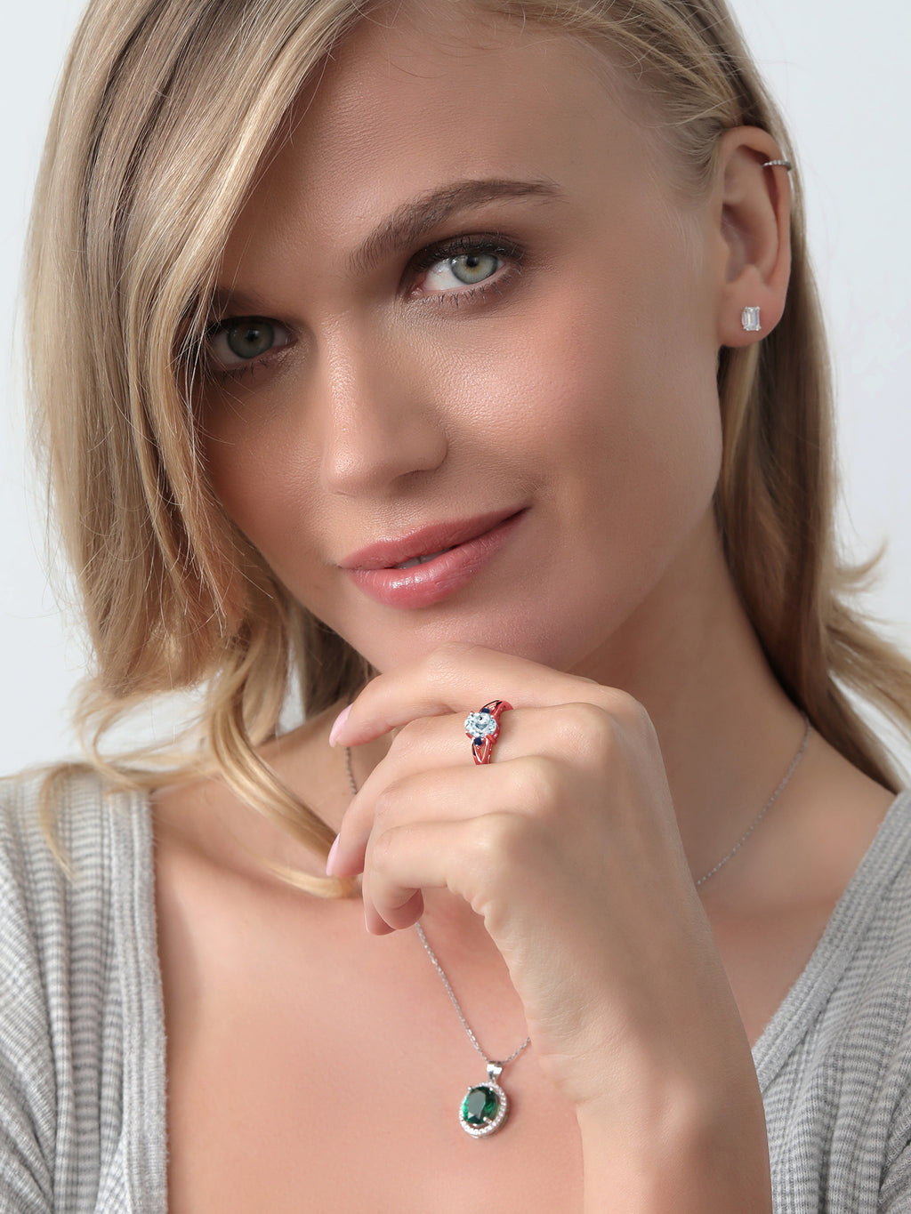 18K Rose Gold Plated Silver Sky Blue Aquamarine Blue Sapphire 3 Stone Engagement Ring Oval 8X6MM Round 2MM Size 7 Z482