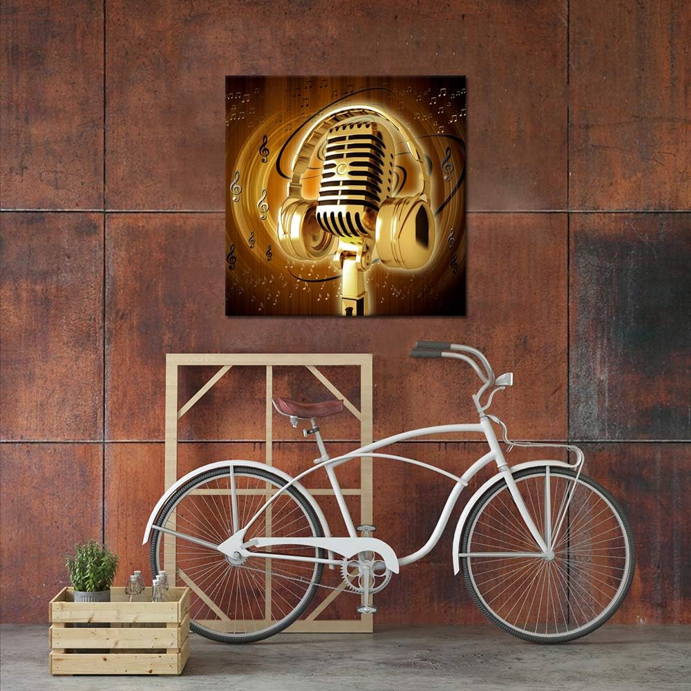 Gold Metal Microphone and Headset Musical Note Picture Print on Canvas 24x24inch U306