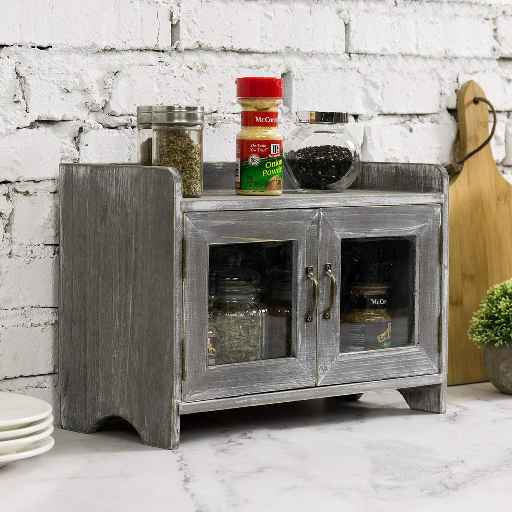 Rustic Gray Whitewashed Wood Counter Top Storage Cabinet with Glass Windows W99990