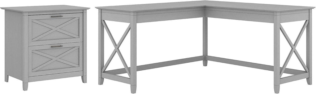 L Shaped Desk with 2 Drawer Lateral File Cabinet, Dark Gray Hickory T9051