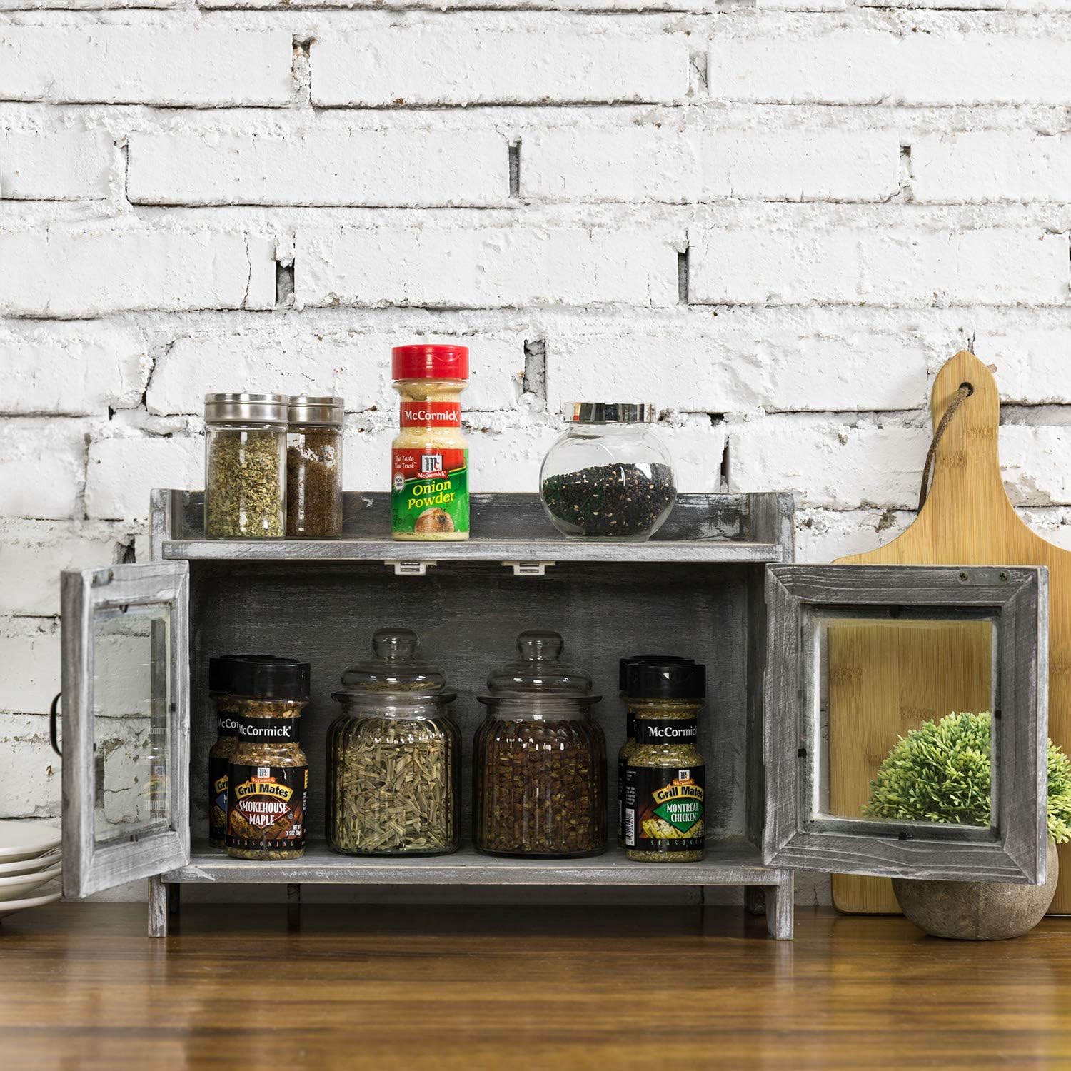Rustic Gray Whitewashed Wood Counter Top Storage Cabinet with Glass Windows W99990
