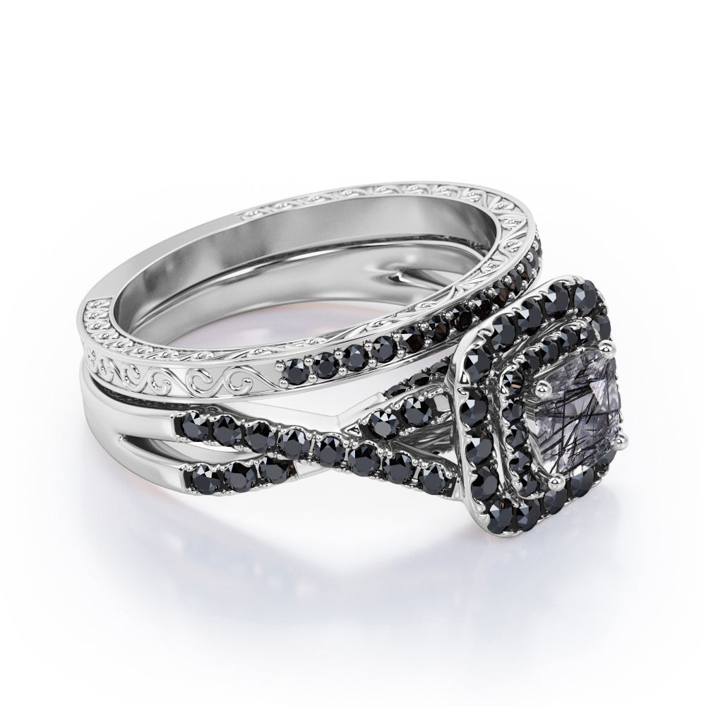 18K White Gold Plated Bridal Set with Black Rutilated Quartz and Lab Created Black Diamond Z12524