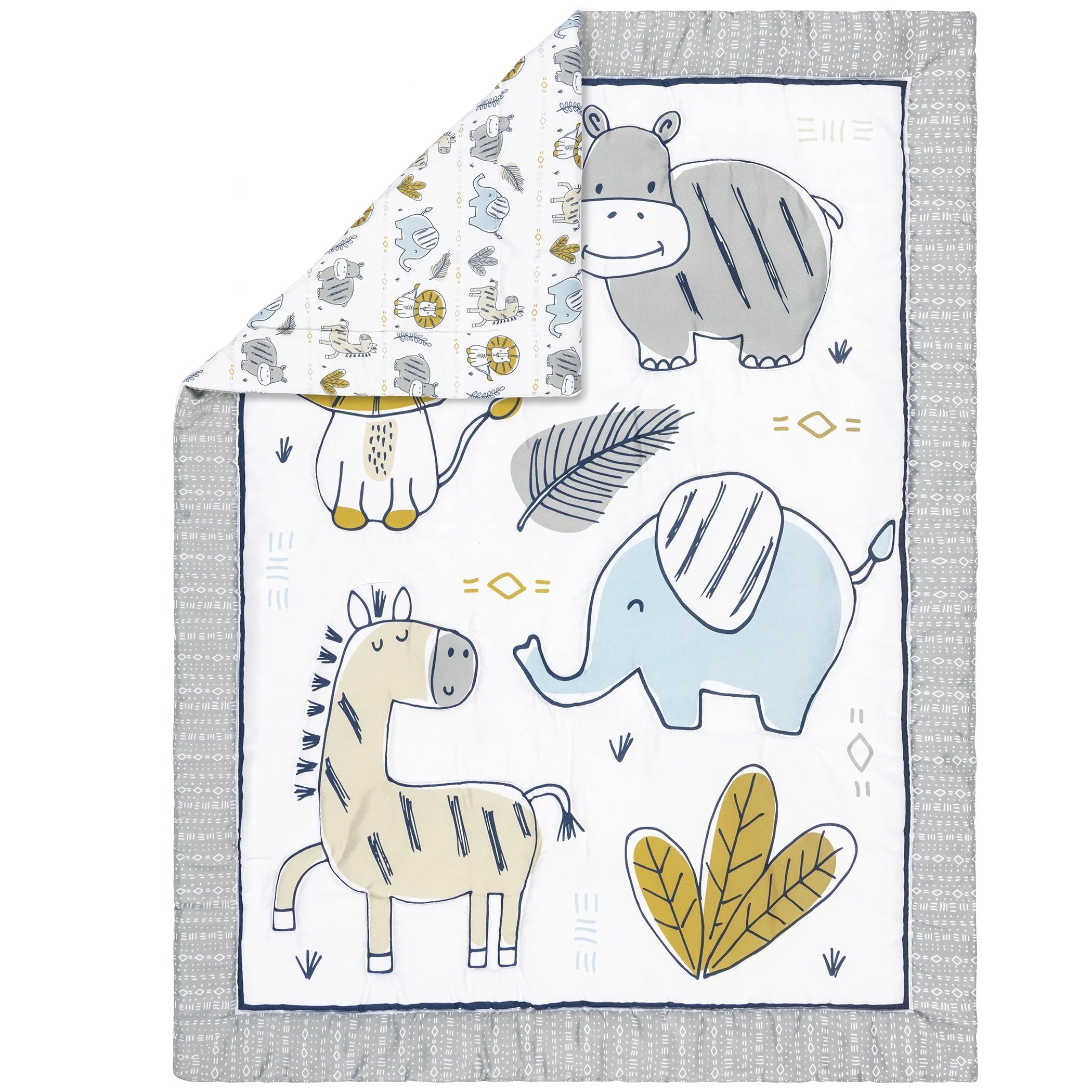 4 Piece Crib Bedding Set, White, Tan, Orange, Blue, Navy and Gray, 100% Microfiber, Polyester Fill, Quilt, Fitted Crib Sheet, Skirt and Plush Toy T963